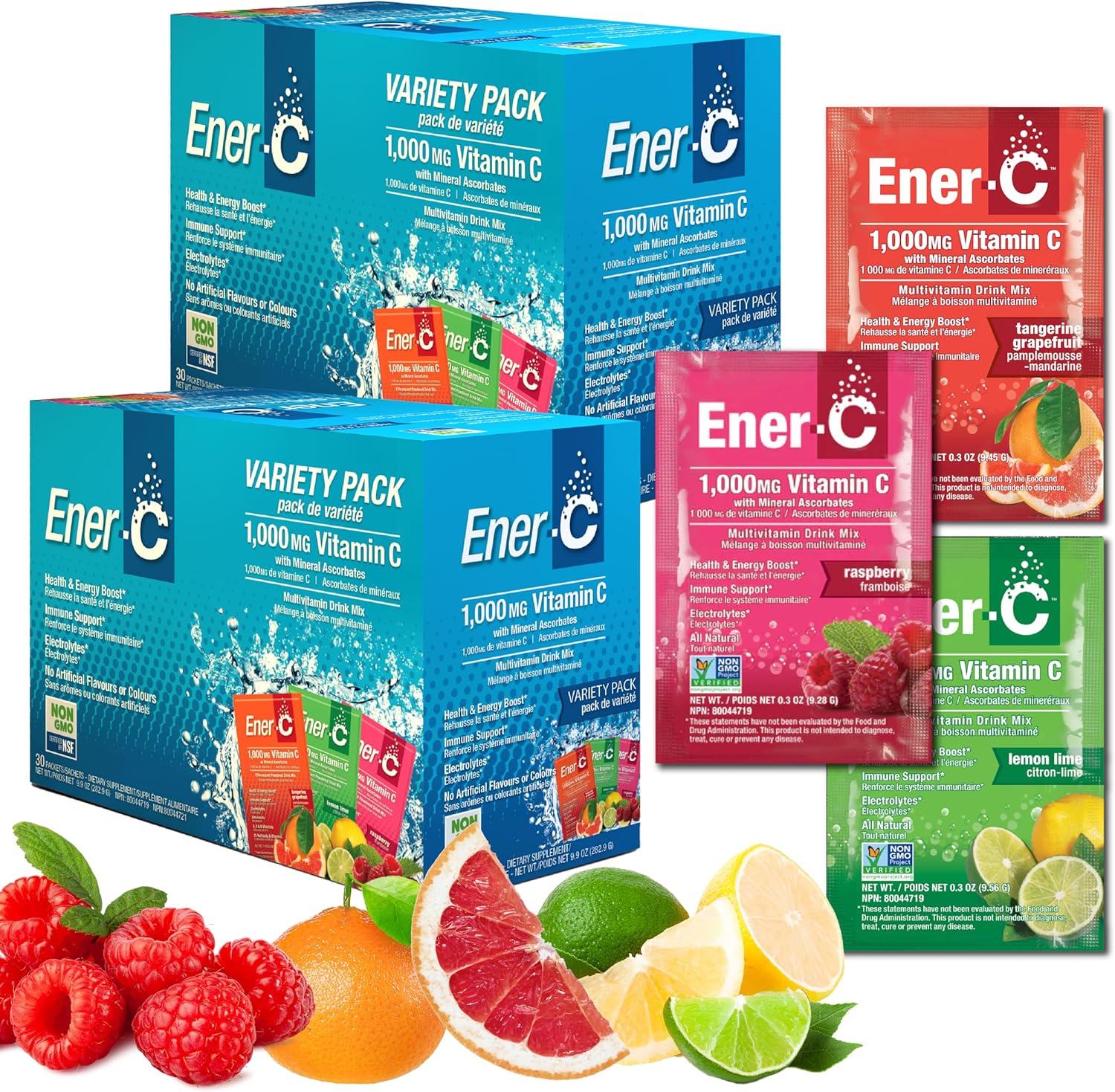 Ener-C Variety Pack Multivitamin Drink Mix Powder - Vitamin C 1000mg & Electrolytes with Real Fruit Juice - Natural Energy & Immune Support - Non-GMO Vegan & Gluten Free - 60 Count