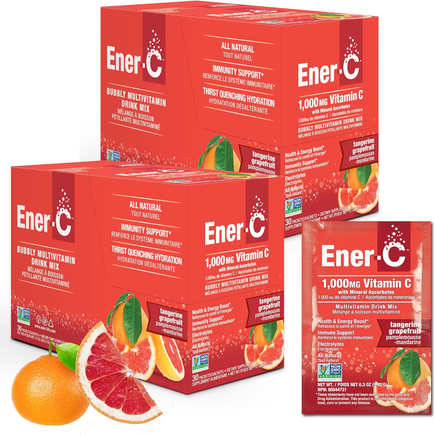 Ener-C Vitamin C Immune Support Drink Mix, 1000mg Effervescent Multivitamin Powder with Electrolytes, Tangerine Grapefruit Flavor, 120 Packets