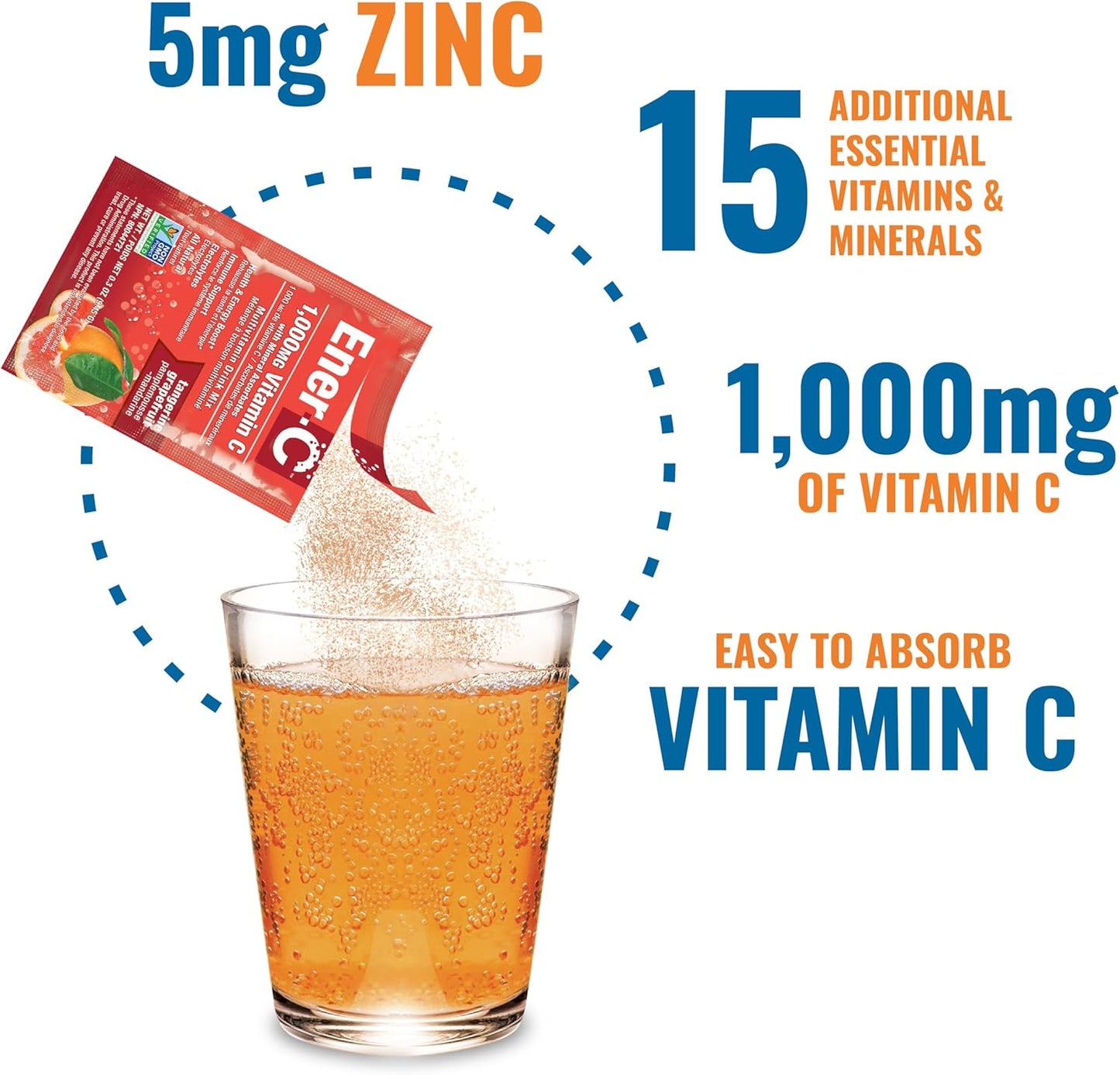 Ener-C Vitamin C Immune Support Drink Mix, 1000mg Effervescent Multivitamin Powder with Electrolytes, Tangerine Grapefruit Flavor, 120 Packets
