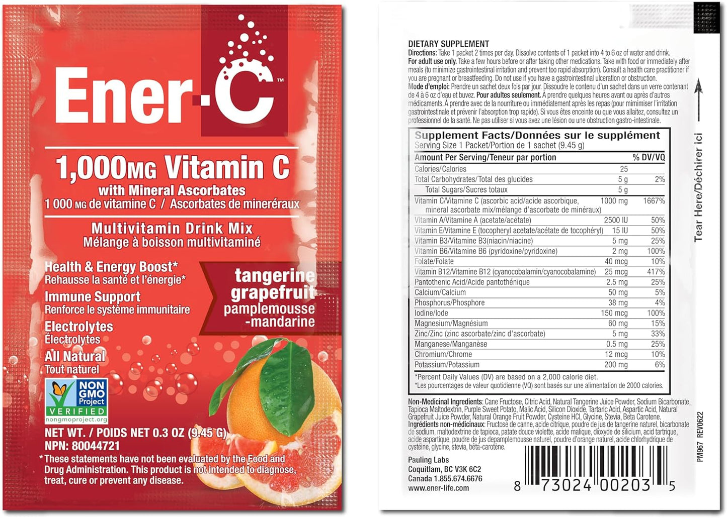 Ener-C Vitamin C Immune Support Drink Mix, 1000mg Effervescent Multivitamin Powder with Electrolytes, Tangerine Grapefruit Flavor, 120 Packets