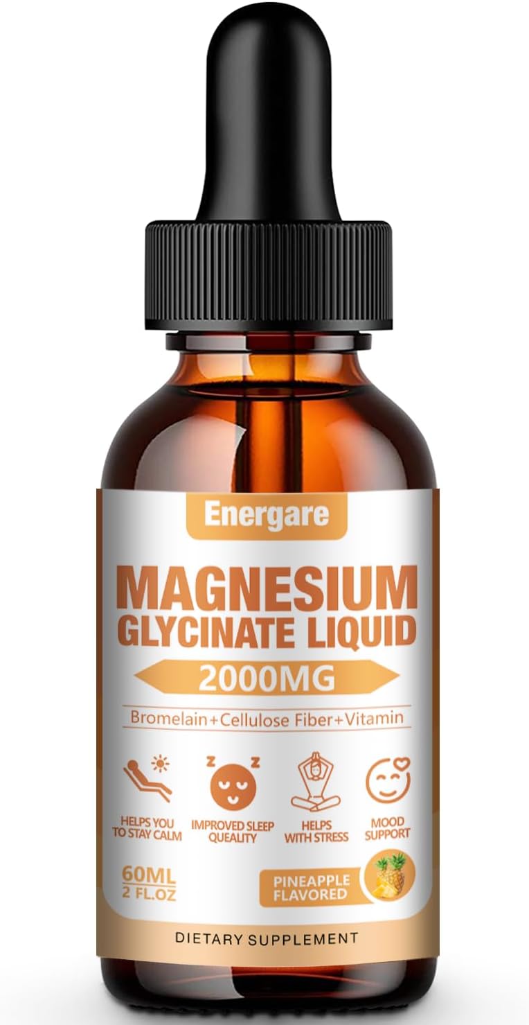Energare Magnesium Glycinate Liquid Drops Supplement 2000MG - Fiber, Bromelain, Vitamin B6, C, D, Zinc - Energy & Sleep Support - Pineapple Flavor - 2 Fl oz
