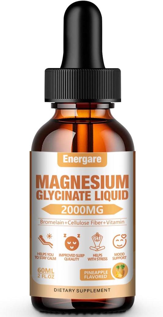 Energare Magnesium Glycinate Liquid Drops Supplement 2000MG - Fiber, Bromelain, Vitamin B6, C, D, Zinc - Energy & Sleep Support - Pineapple Flavor - 2 Fl oz