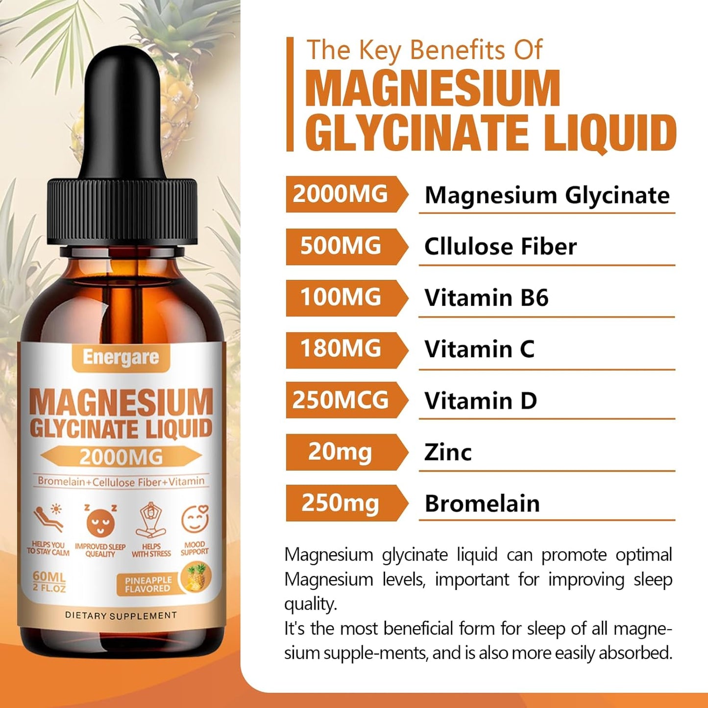 Energare Magnesium Glycinate Liquid Drops Supplement 2000MG - Fiber, Bromelain, Vitamin B6, C, D, Zinc - Energy & Sleep Support - Pineapple Flavor - 2 Fl oz