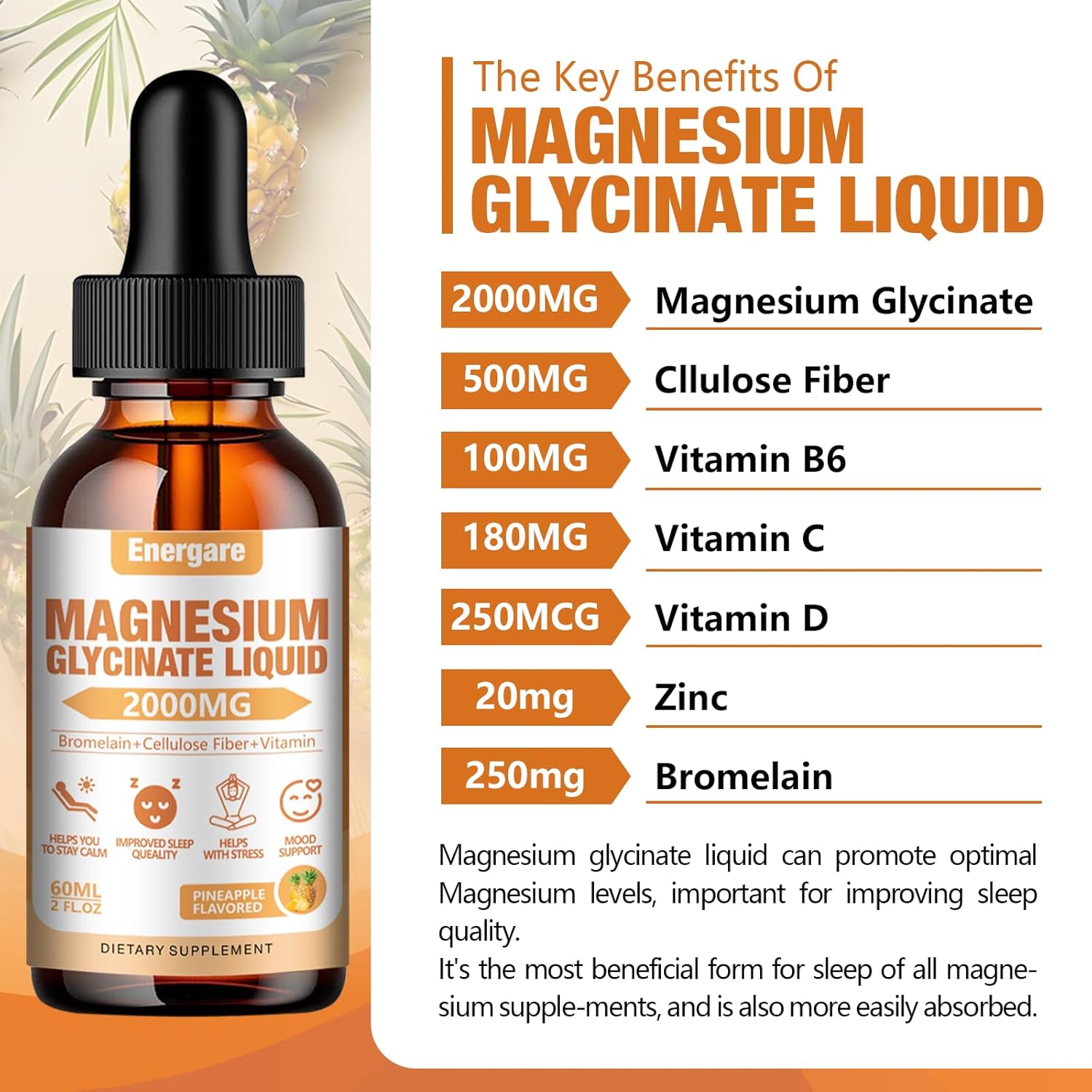 Energare Magnesium Glycinate Liquid Drops Supplement 2000MG - Fiber, Bromelain, Vitamin B6, C, D, Zinc - Energy & Sleep Support - Pineapple Flavor - 2 Fl oz