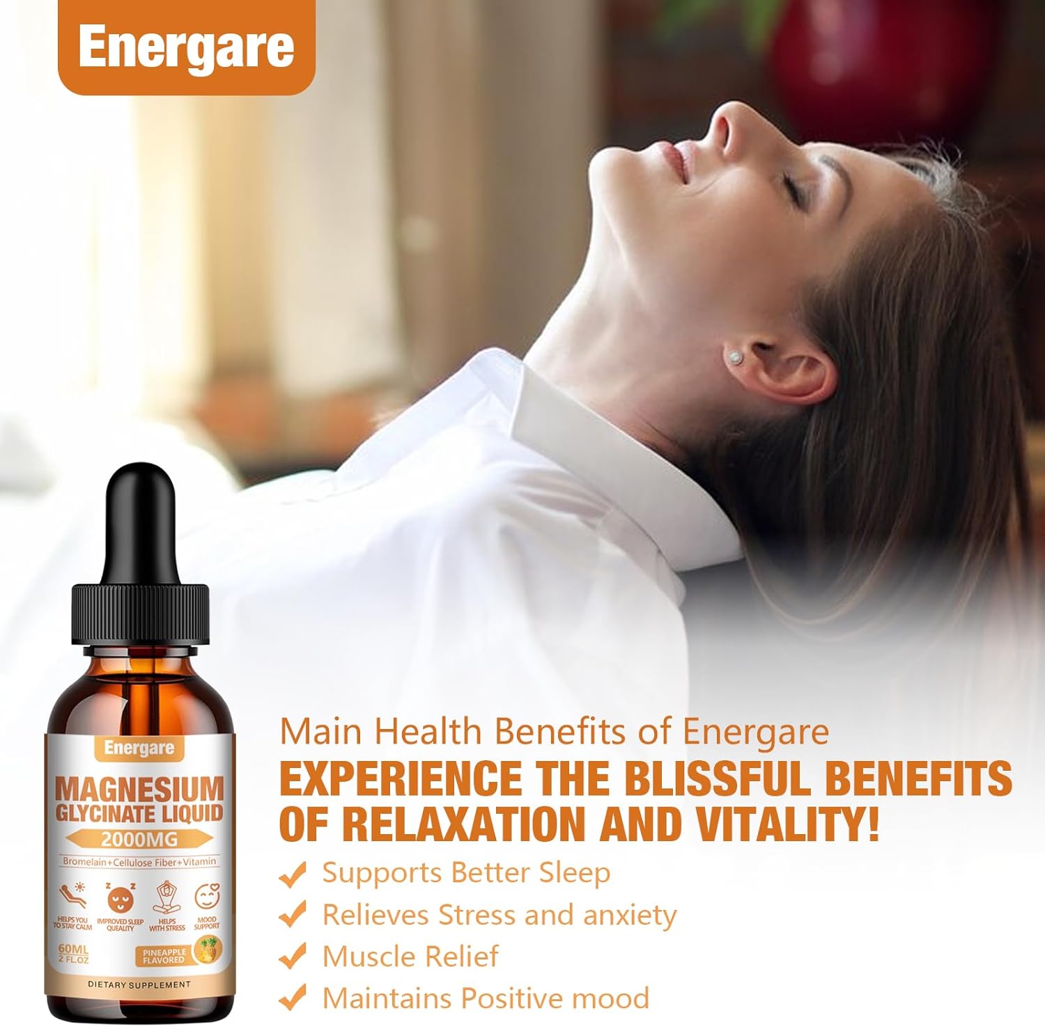 Energare Magnesium Glycinate Liquid Drops Supplement 2000MG - Fiber, Bromelain, Vitamin B6, C, D, Zinc - Energy & Sleep Support - Pineapple Flavor - 2 Fl oz