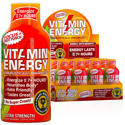 Energize Naturally with Vitamin Energy Focus+ Shots | Sugar-Free Energy Drink with Vitamins B6, B12, Niacin, L-Theanine, CoQ10 | Fruit Punch Flavor - 12 Pack