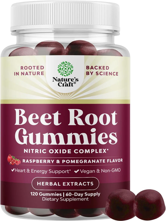 Energizing Beet Root Gummies for Adults - Boost Flow & Heart Health with Grapeseed, Pomegranate, Vitamin B12 - Vegan & Gluten Free - 2 Month Supply