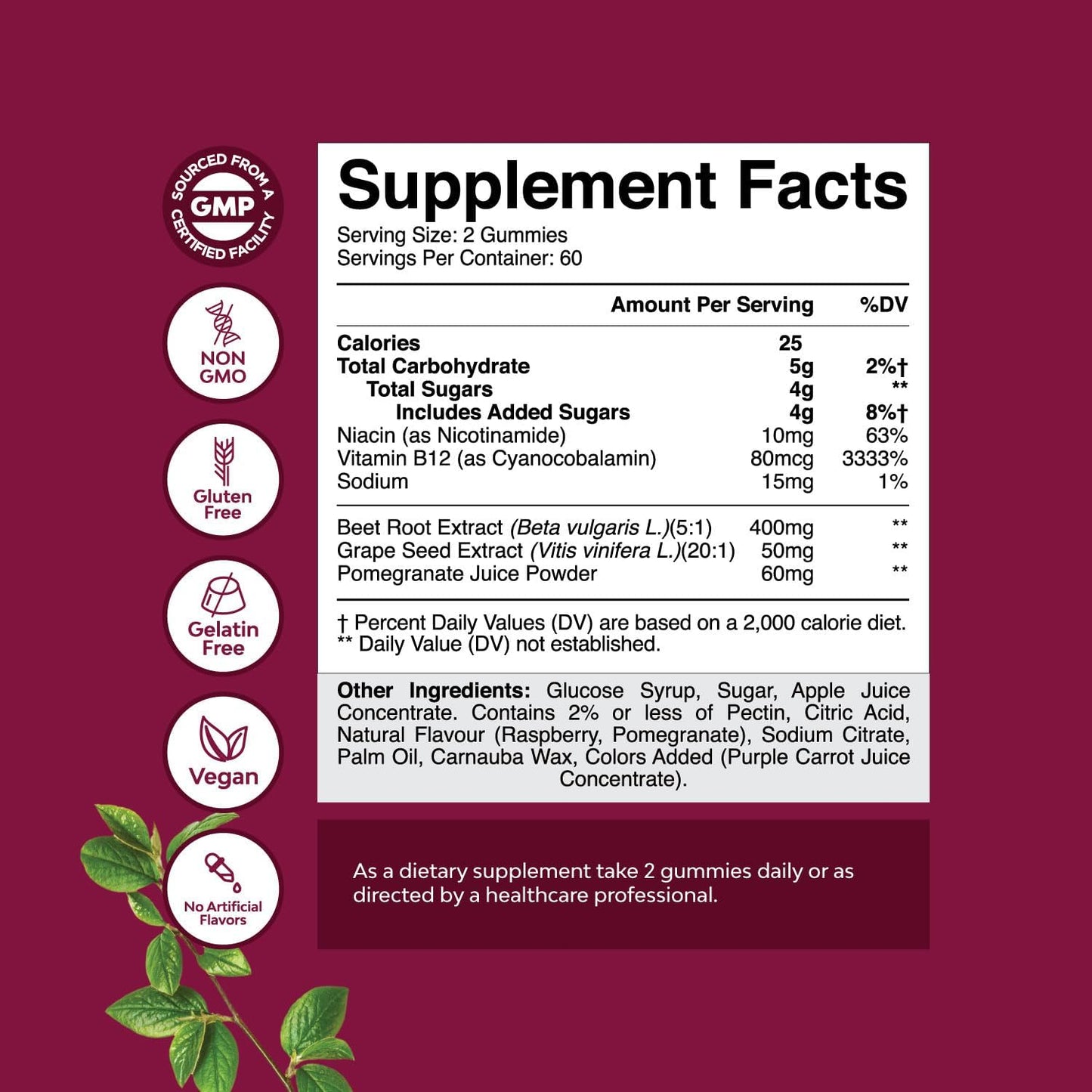 Energizing Beet Root Gummies for Adults - Boost Flow & Heart Health with Grapeseed, Pomegranate, Vitamin B12 - Vegan & Gluten Free - 2 Month Supply