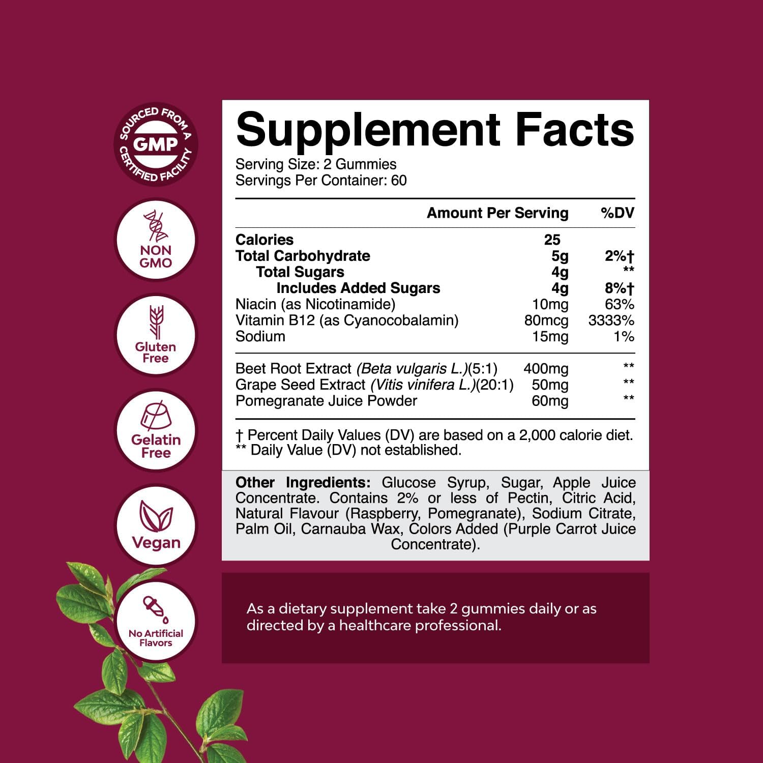 Energizing Beet Root Gummies for Adults - Boost Flow & Heart Health with Grapeseed, Pomegranate, Vitamin B12 - Vegan & Gluten Free - 2 Month Supply