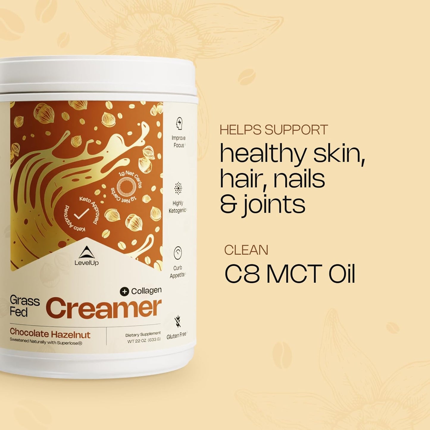 Energizing Chocolate Hazelnut Keto Coffee Creamer with MCT Oil & Collagen Peptides - 22 oz