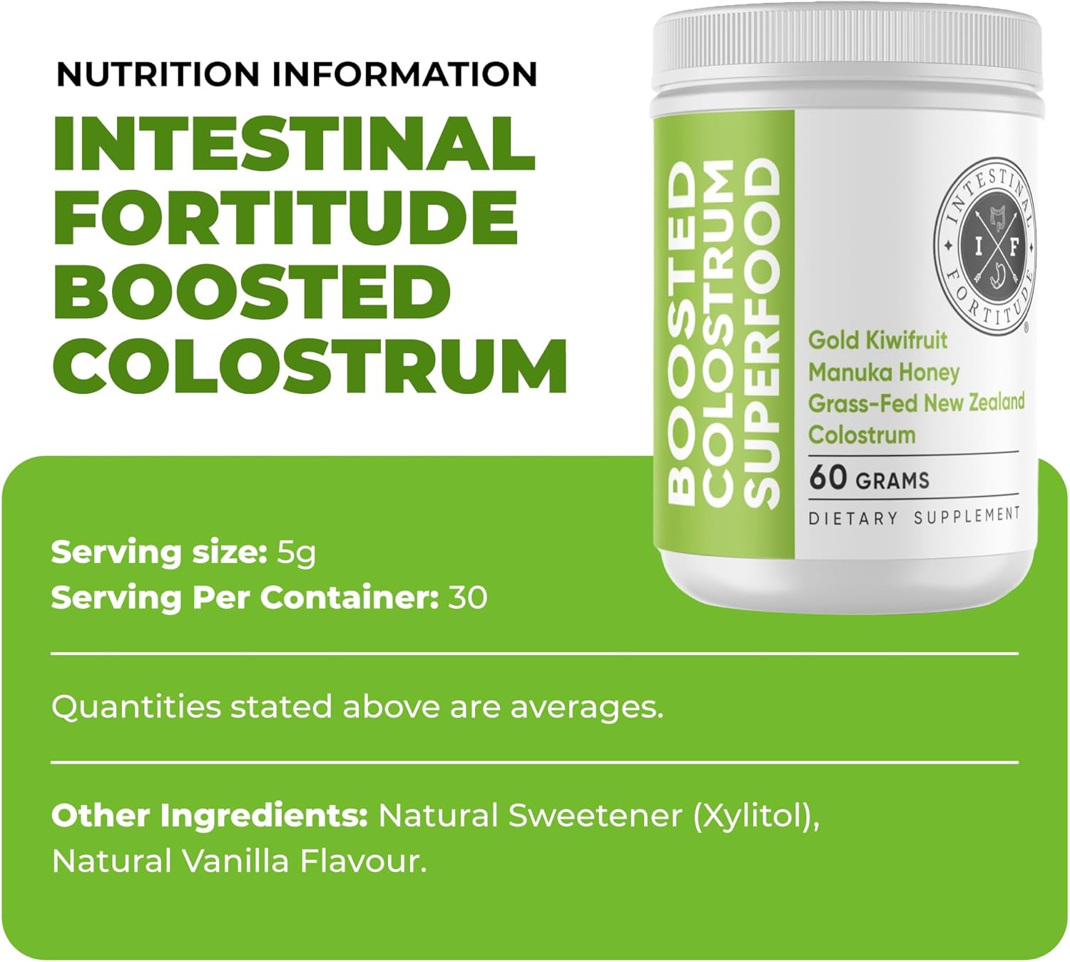 Energizing Grass-Fed Bovine Colostrum Superfood Powder for Digestion & Immune Health - 60g Dietary Supplement with Gold Kiwifruit & Manuka Honey