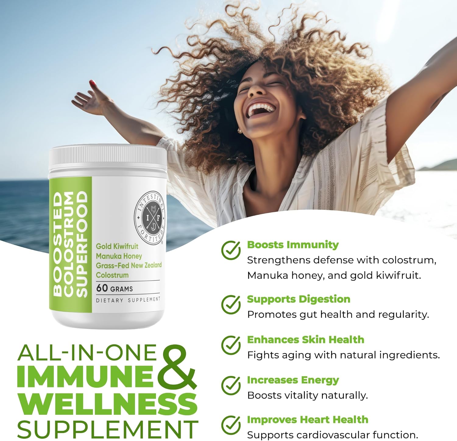 Energizing Grass-Fed Bovine Colostrum Superfood Powder for Digestion & Immune Health - 60g Dietary Supplement with Gold Kiwifruit & Manuka Honey