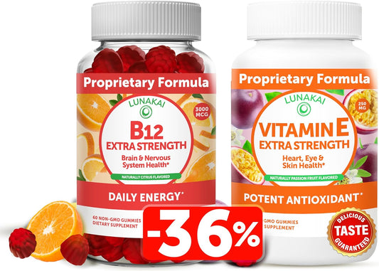 Energy and Bone Health Bundle: Lunakai Vitamin B12 & E Gummies - 3000mcg for Adults + 250mg 1000iu VIT E & C Supplements