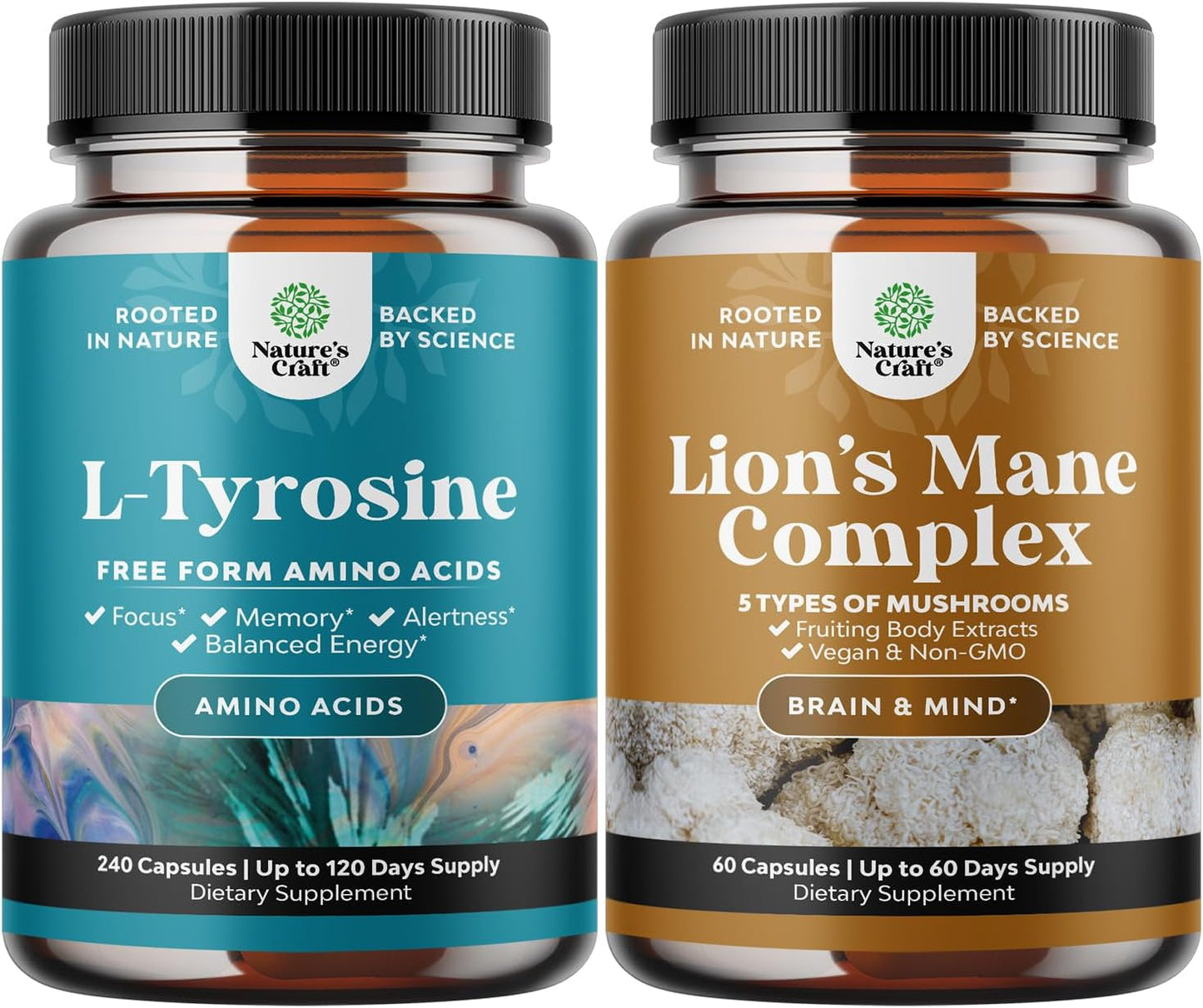 Energy and Focus Support Bundle: Free Form L Tyrosine Capsules + Lion's Mane Mushroom Brain Booster Nootropic Supplement