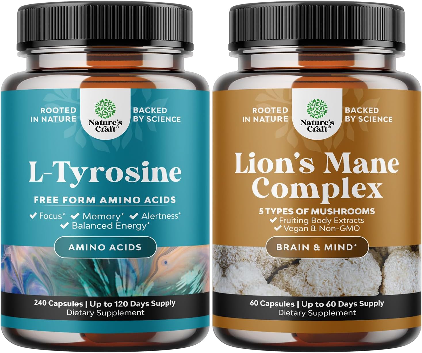Energy and Focus Support Bundle: Free Form L Tyrosine Capsules + Lion's Mane Mushroom Brain Booster Nootropic Supplement