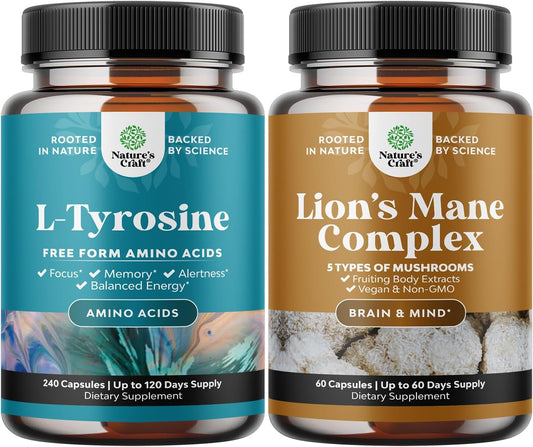 Energy and Focus Support Bundle: Free Form L Tyrosine Capsules + Lion's Mane Mushroom Brain Booster Nootropic Supplement