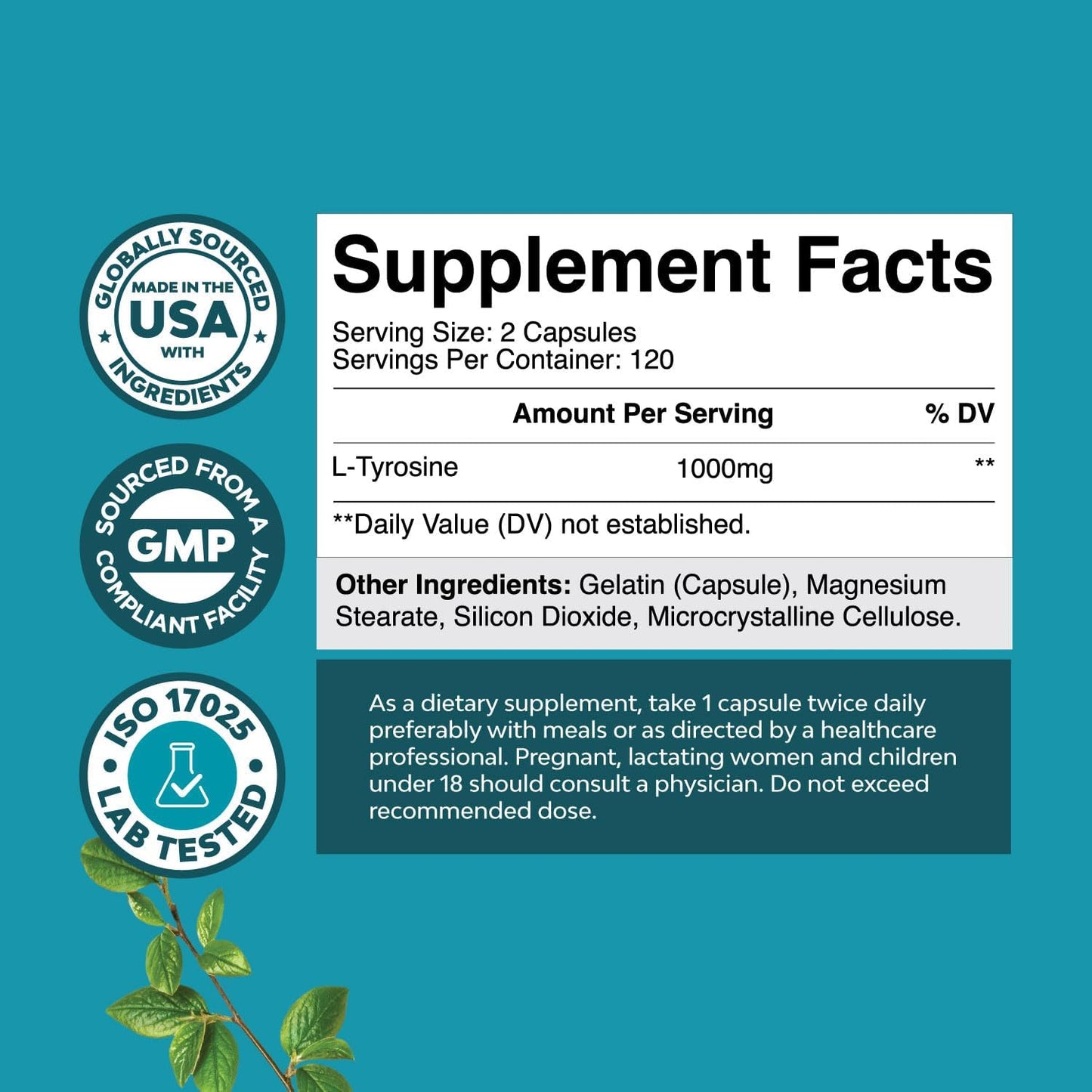 Energy and Focus Support Bundle: Free Form L Tyrosine Capsules + Lion's Mane Mushroom Brain Booster Nootropic Supplement