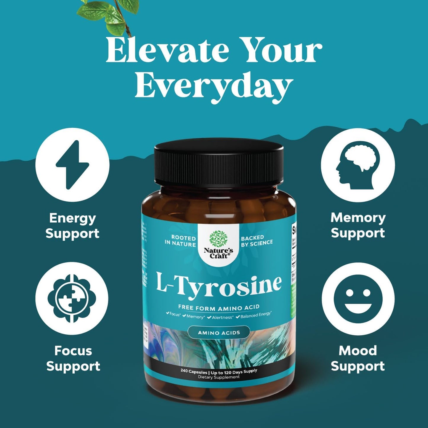 Energy and Focus Support Bundle: Free Form L Tyrosine Capsules + Lion's Mane Mushroom Brain Booster Nootropic Supplement