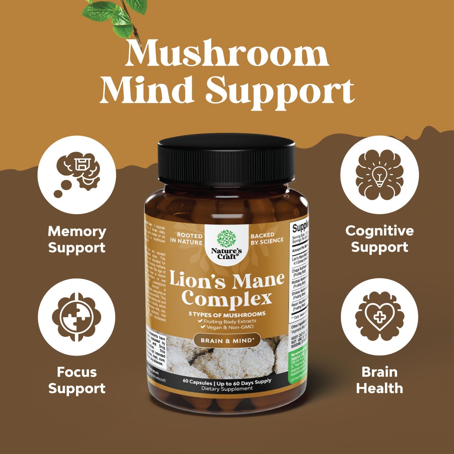 Energy and Focus Support Bundle: Free Form L Tyrosine Capsules + Lion's Mane Mushroom Brain Booster Nootropic Supplement