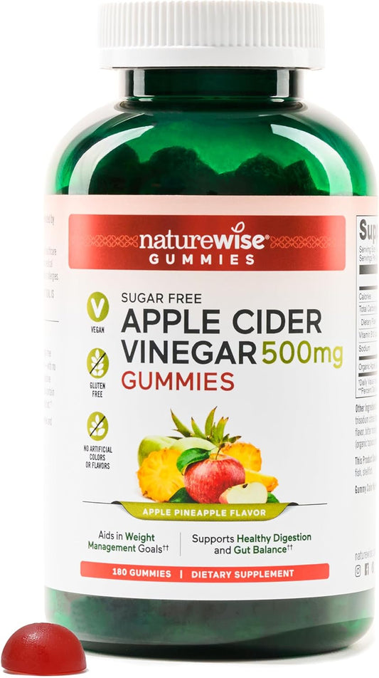 Energy and Gut Health Vegan Apple Cider Vinegar Gummies with Vitamin B12 - 180 Gummies, 1000mg ACV per 2, Sugar Free - 3-Month Supply