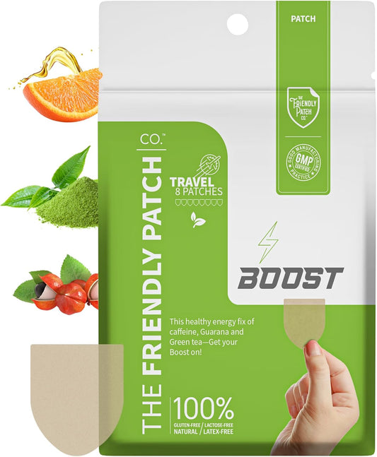 Energy Boost Travel Patches - 8 Pack with Caffeine, Guarana, Green Tea - Men and Women - The Friendly Patch.