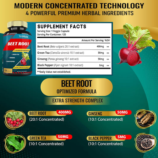 Energy Boosting Beet Root Extract Capsules with Green Tea, Ginseng & Black Pepper | Enhances Athletic Performance, Stamina | 4-Month Supply