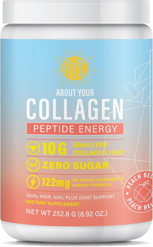 Energy-Boosting Collagen Powder for Hair, Skin & Nails - Type I & III Peptides with Caffeine, Vitamin C, Biotin, Hyaluronic Acid - Zero Sugar, Peach Bellini Flavor - 8.92 oz