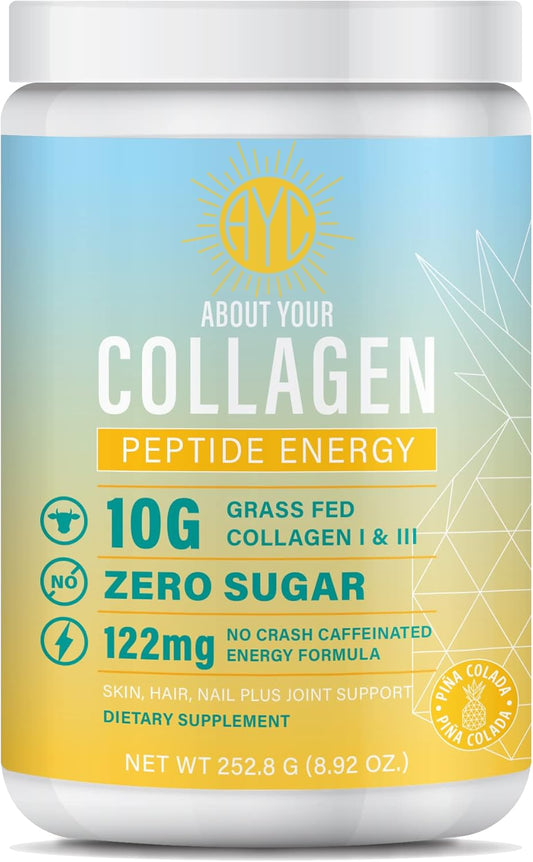 Energy-Boosting Collagen Powder with Caffeine, Vitamin C, Biotin, and Hyaluronic Acid - Pina Colada Flavor - 8.92 oz
