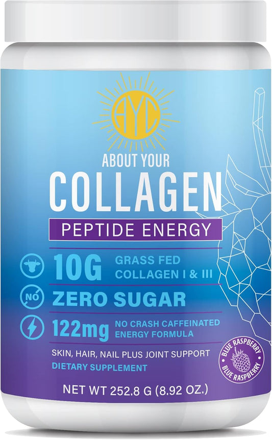 Energy-Boosting Collagen Powder with Caffeine, Vitamin C, Biotin, and Hyaluronic Acid for Hair, Skin, and Nails - Blue Raspberry Flavor - 8.92 oz