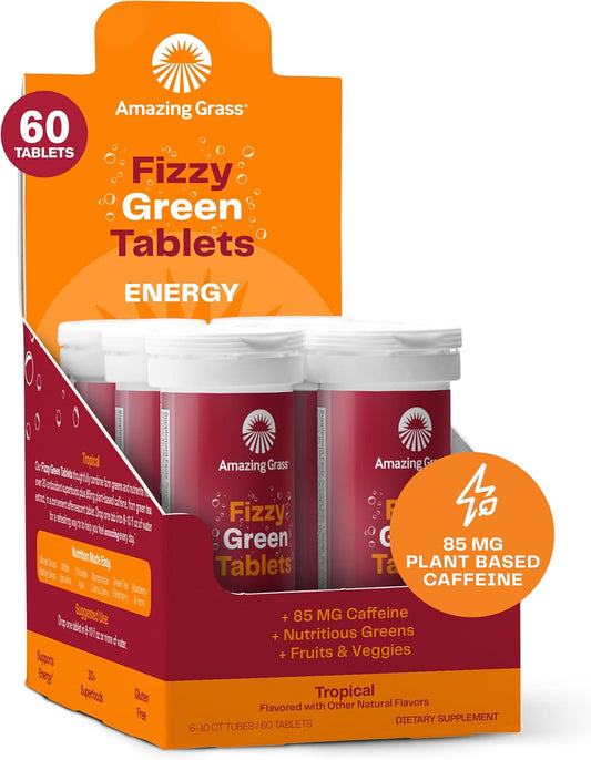 Energy-Boosting Fizzy Green Tablets with Green Tea Caffeine - Tropical Water Flavor, Antioxidants - 10 Count x 6 Pack