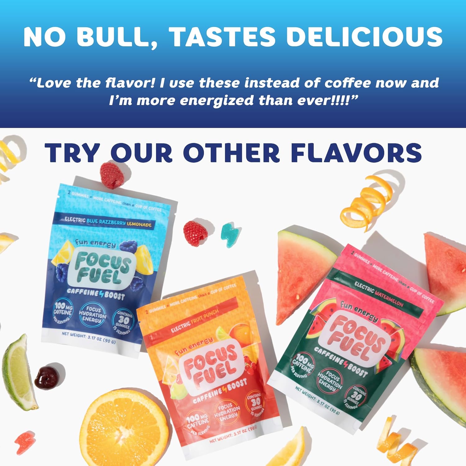 Energy Boosting FocusFuel Chews - Sample Pack of Caffeine Gummies (18 Chews) - 100mg Caffeine - Peach, Green Apple, Strawberry Lemonade - 3 Pack Trial Size