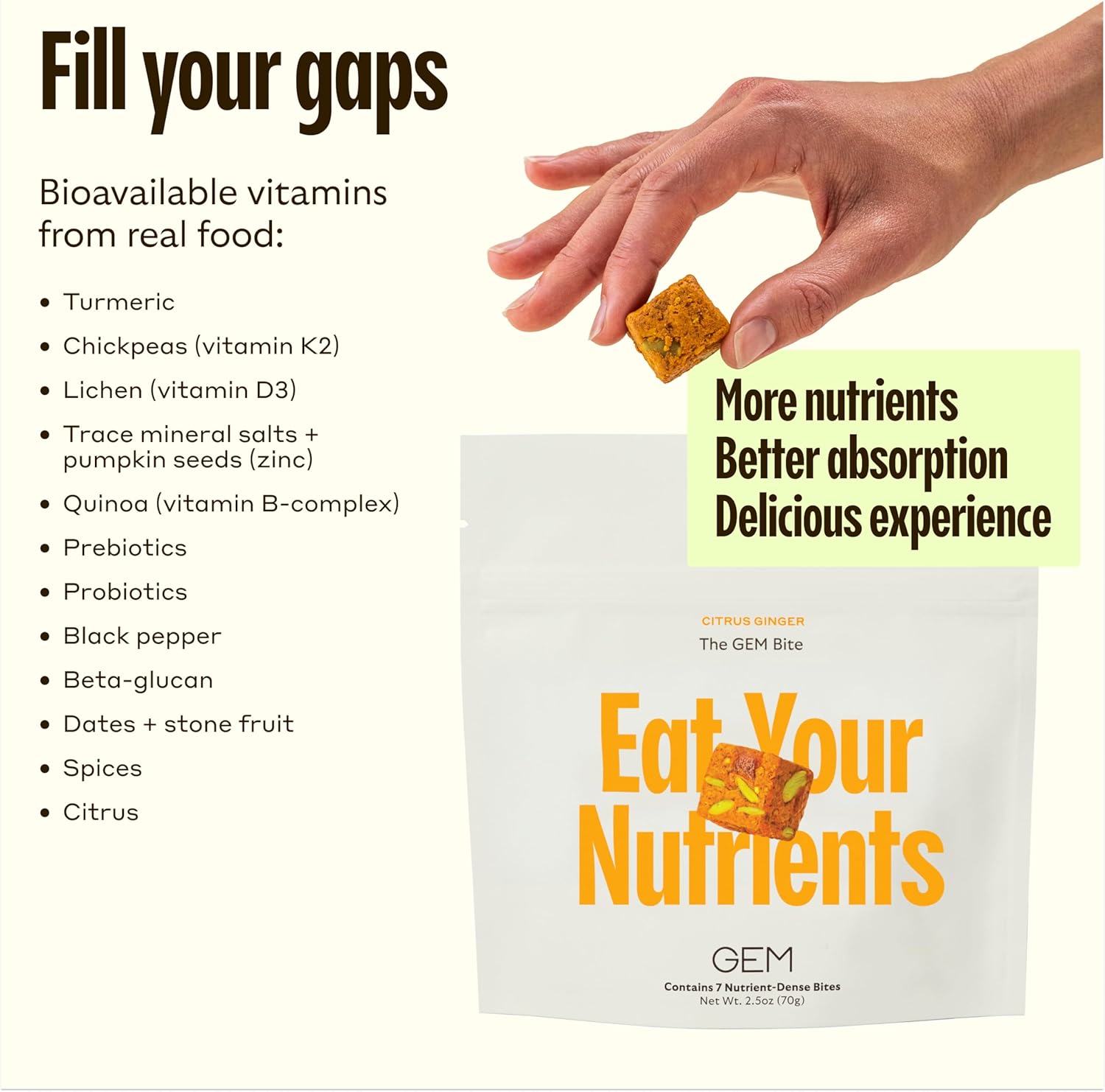 Energy-Boosting GEM Bite Daily Multivitamin Bites | 28 Servings | 20+ Whole-Food Vitamins & Minerals | Non-Habit Forming