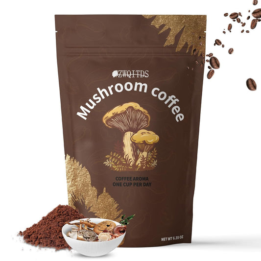 Energy-Boosting Mushroom Coffee with Cordyceps, Reishi, Shiitake, Turkey Tail, Lion's Mane | Instant Coffee Powder for Focus & Immune Support | 30 Servings