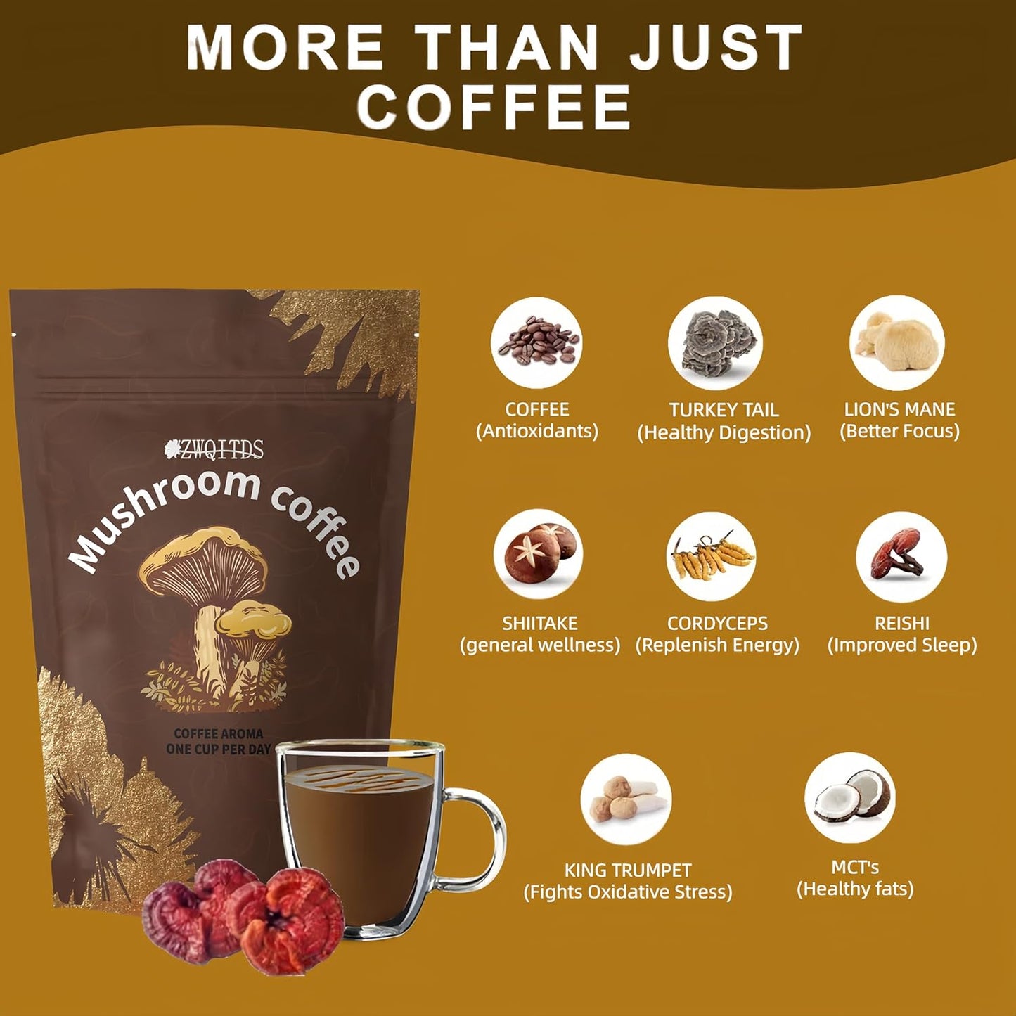Energy-Boosting Mushroom Coffee with Cordyceps, Reishi, Shiitake, Turkey Tail, Lion's Mane | Instant Coffee Powder for Focus & Immune Support | 30 Servings