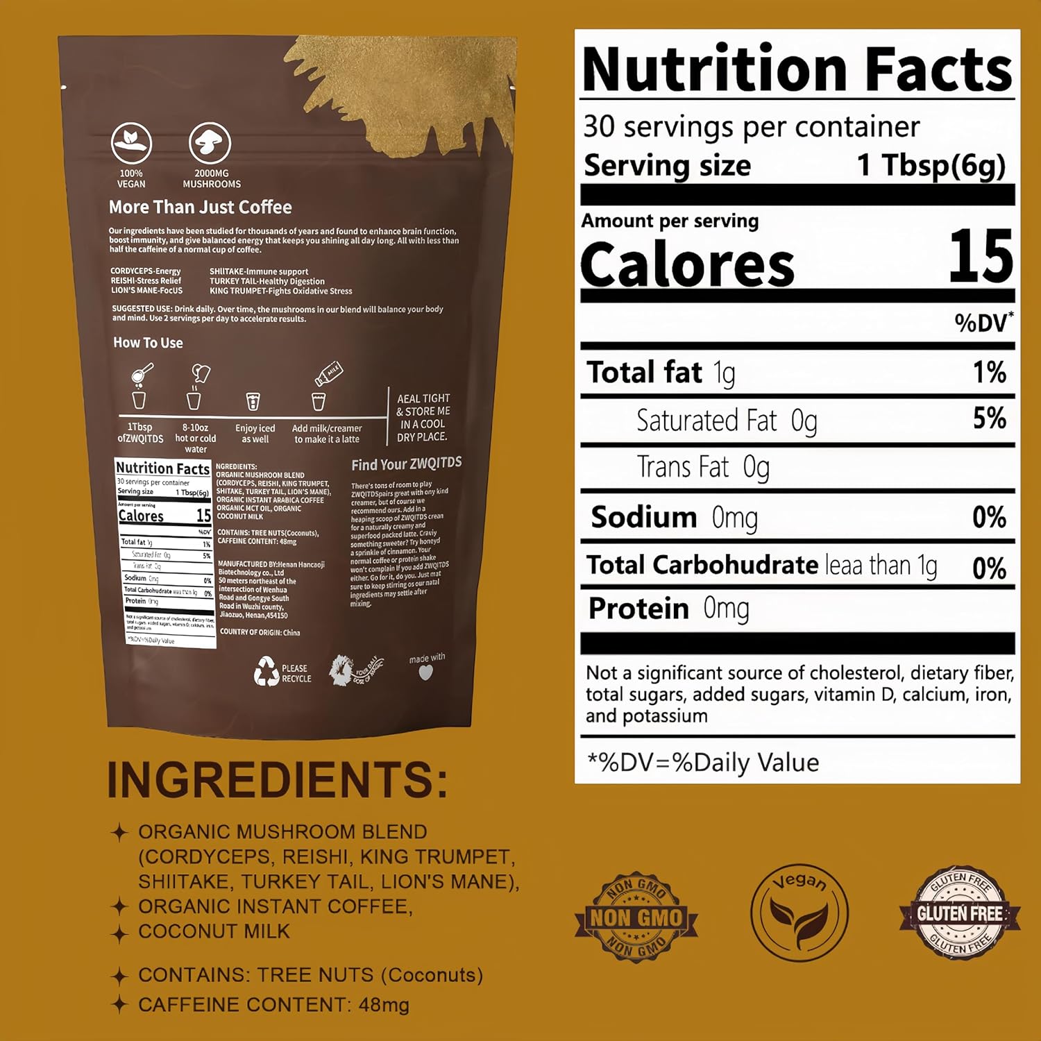 Energy-Boosting Mushroom Coffee with Cordyceps, Reishi, Shiitake, Turkey Tail, Lion's Mane | Instant Coffee Powder for Focus & Immune Support | 30 Servings