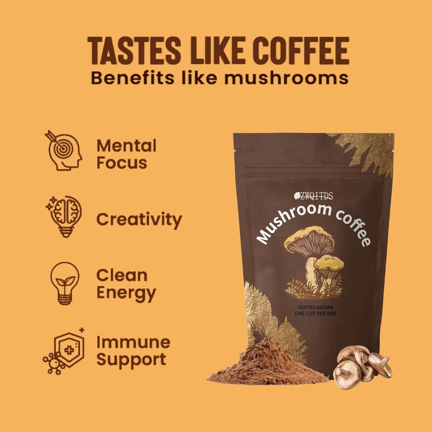 Energy-Boosting Mushroom Coffee with Cordyceps, Reishi, Shiitake, Turkey Tail, Lion's Mane | Instant Coffee Powder for Focus & Immune Support | 30 Servings