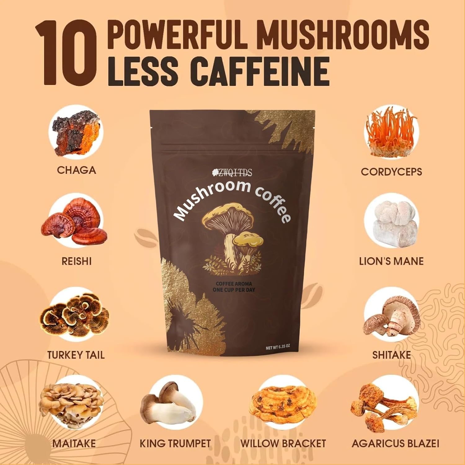 Energy-Boosting Mushroom Coffee with Cordyceps, Reishi, Shiitake, Turkey Tail, Lion's Mane | Instant Coffee Powder for Focus & Immune Support | 30 Servings