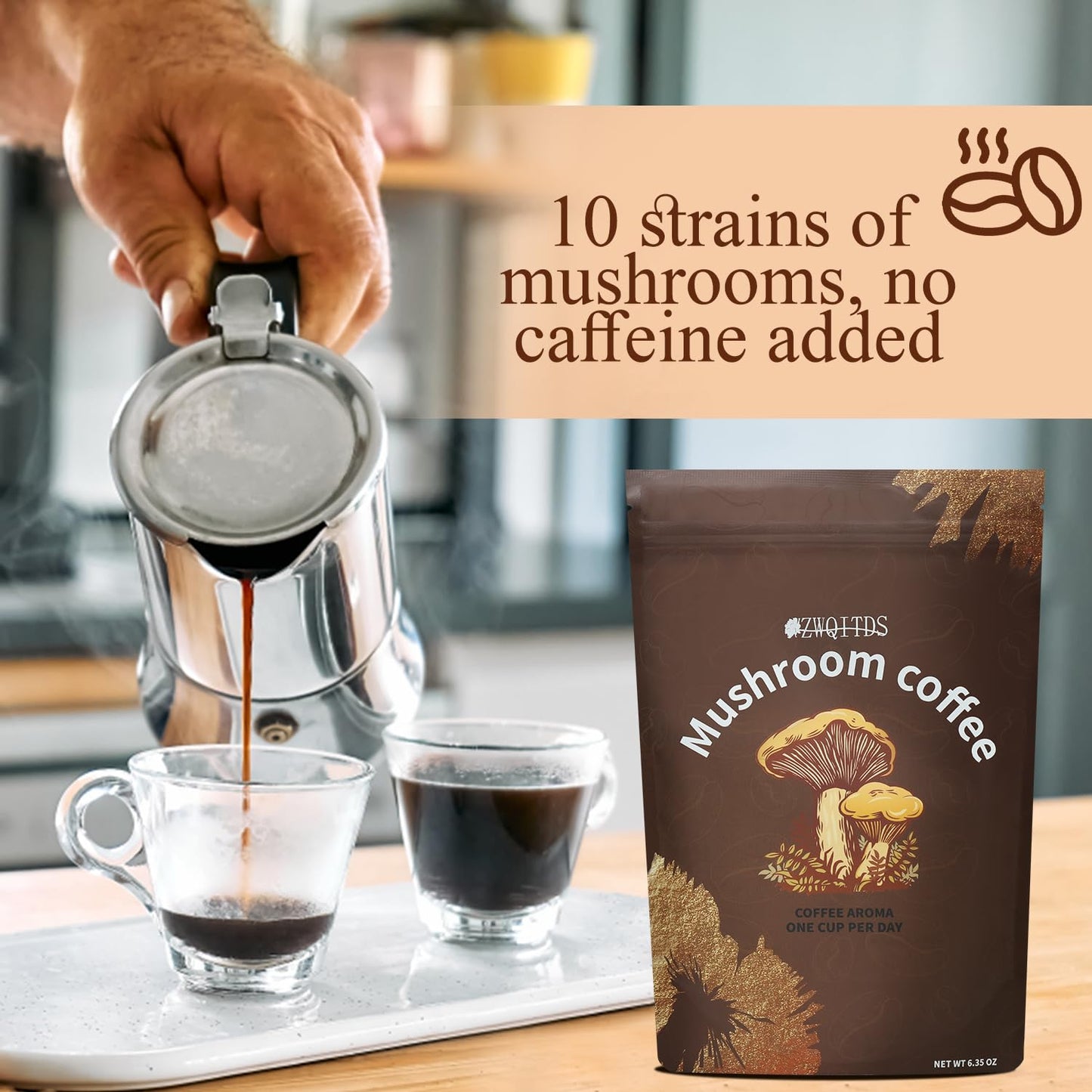 Energy-Boosting Mushroom Coffee with Cordyceps, Reishi, Shiitake, Turkey Tail, Lion's Mane | Instant Coffee Powder for Focus & Immune Support | 30 Servings