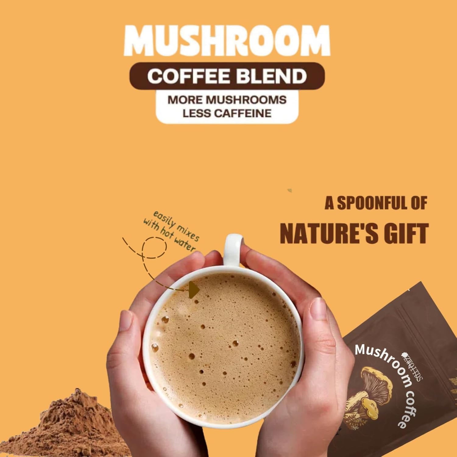 Energy-Boosting Mushroom Coffee with Cordyceps, Reishi, Shiitake, Turkey Tail, Lion's Mane | Instant Coffee Powder for Focus & Immune Support | 30 Servings