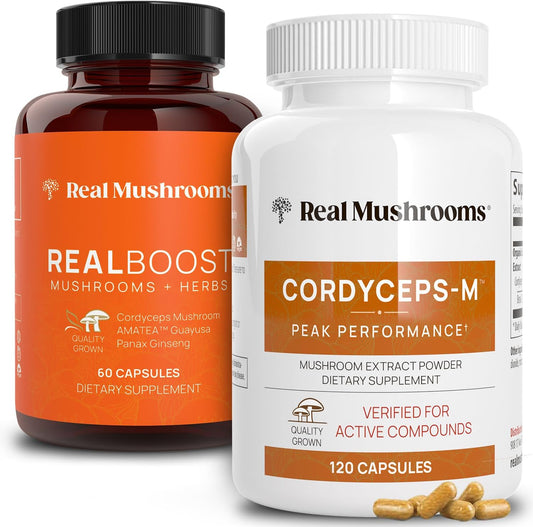 Energy-Boosting Mushroom Supplement Bundle: RealBoost & Cordyceps Capsules - Enhance Vitality & Endurance with Ginseng & Guayusa - Vegan, Non-GMO - 60ct & 120ct