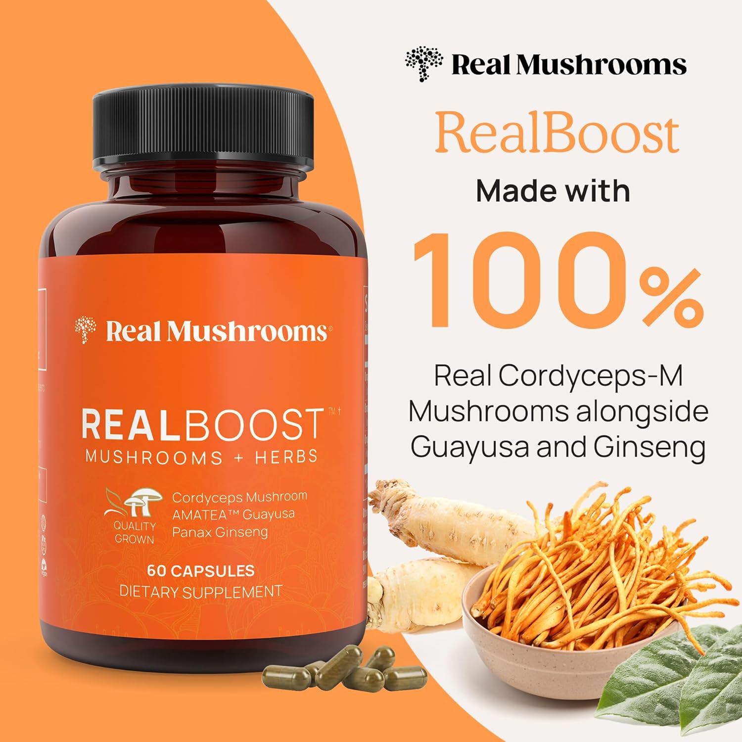 Energy-Boosting Mushroom Supplement Bundle: RealBoost & Cordyceps Capsules - Enhance Vitality & Endurance with Ginseng & Guayusa - Vegan, Non-GMO - 60ct & 120ct