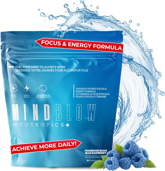Energy-Boosting Nootropic Brain Supplement with Caffeine, L-Tyrosine, Teacrine & Alpha GPC - Enhances Focus, Mood & Energy Levels - Ideal for Gamers, Gym-Goers, Students & Entrepreneurs - 30 Servings - Blue Raspberry Flavor