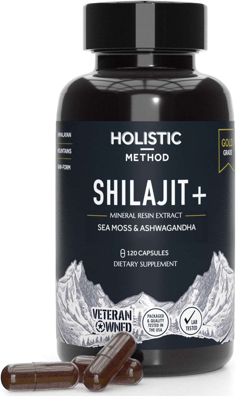 Energy-Boosting Shilajit Capsules with Sea Moss, Ashwagandha, Rhodiola, and Ginko Biloba - Promotes Immune Support for Men and Women - 120 Resin Capsules
