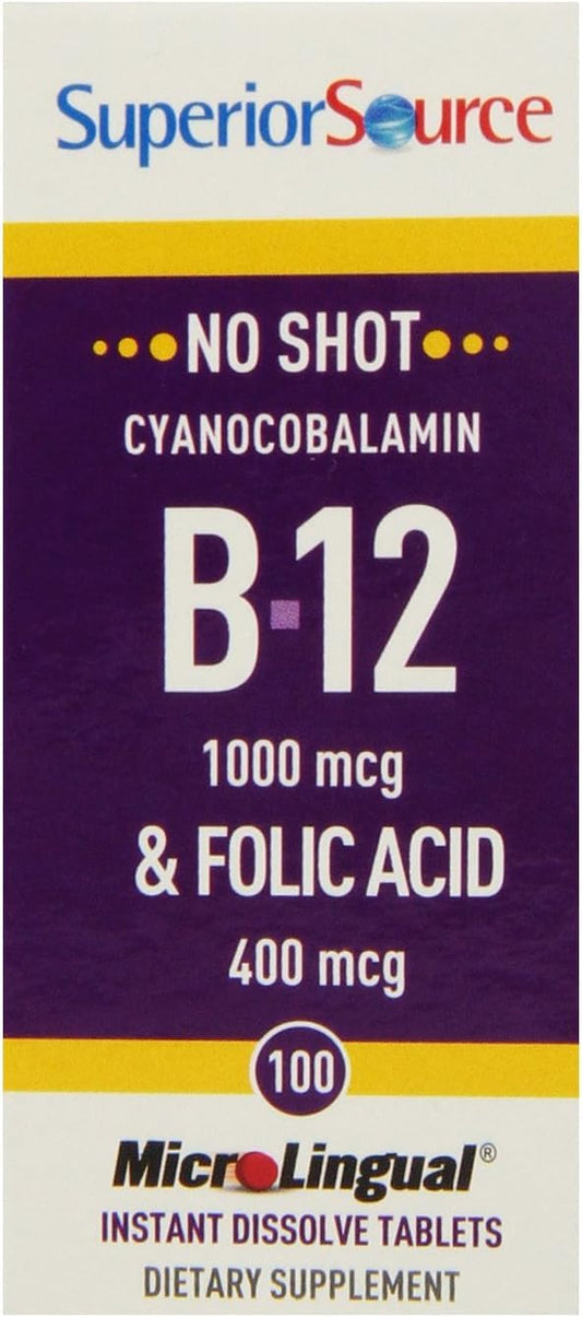 Energy Boosting Vitamin B-12 & Folic Acid Tablets for Heart, Brain, & Stress Support - 100 Sublingual Dissolving Tablets
