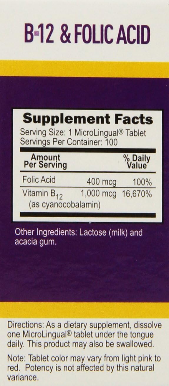 Energy Boosting Vitamin B-12 & Folic Acid Tablets for Heart, Brain, & Stress Support - 100 Sublingual Dissolving Tablets