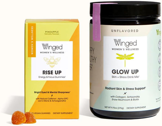 Energy & Brain Boost Gummies + Glow Up Collagen Powder Bundle - Winged Wellness Winged Rise Up for Women