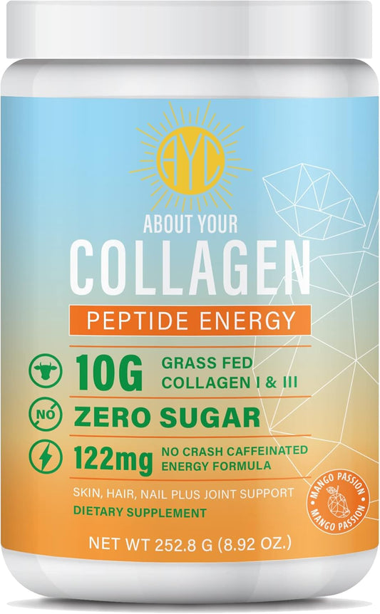 Energy Collagen Powder with Caffeine, Vitamin C, Biotin & Hyaluronic Acid for Hair, Skin & Nails - Mango Passion 8.92 oz