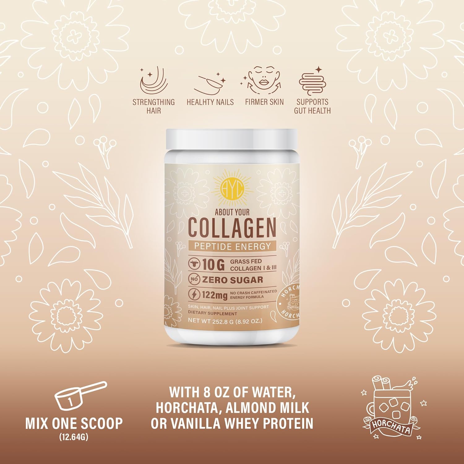 Energy Collagen Powder with Caffeine, Vitamin C, Biotin & Hyaluronic Acid for Hair, Skin & Nails - 8.92 oz (Horchata)