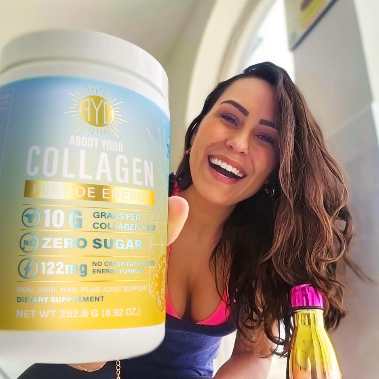 Energy Collagen Powder with Caffeine, Vitamin C, Biotin & Hyaluronic Acid - Hair, Nail, Skin Support - Type I & III - Strawberry Banana Flavor - 8.92 oz
