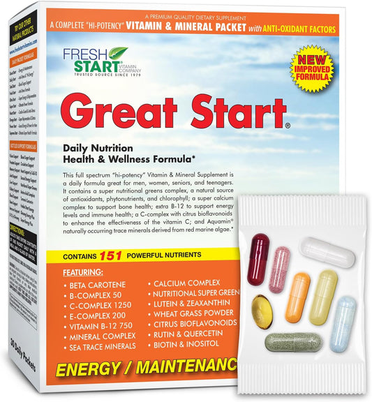 Energy & Essentials Daily Vitamin Pack | Vitamin A, B, C, D, E, B12, Biotin, Minerals, Calcium, Magnesium, Zinc | Super Greens | 30 Packets